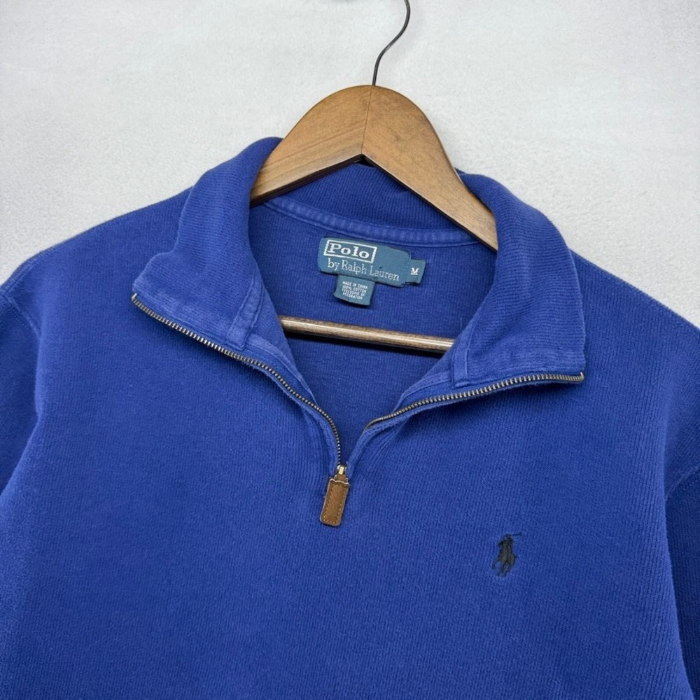 Ralph Lauren Quarter Zip Sweater Mens Medium Blue Pullover Sweater Ribbed preppy
